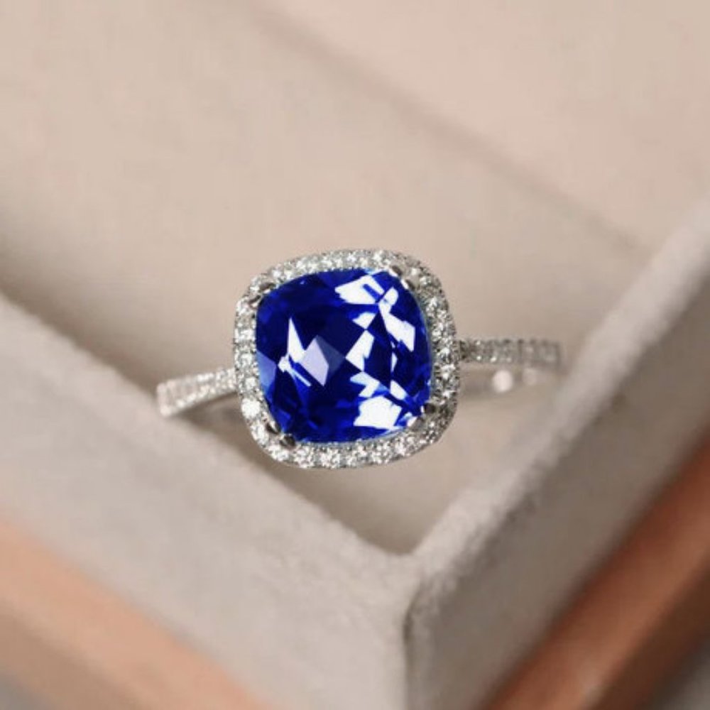 925 Sterling Silver Sapphire Diamond Halo Ring